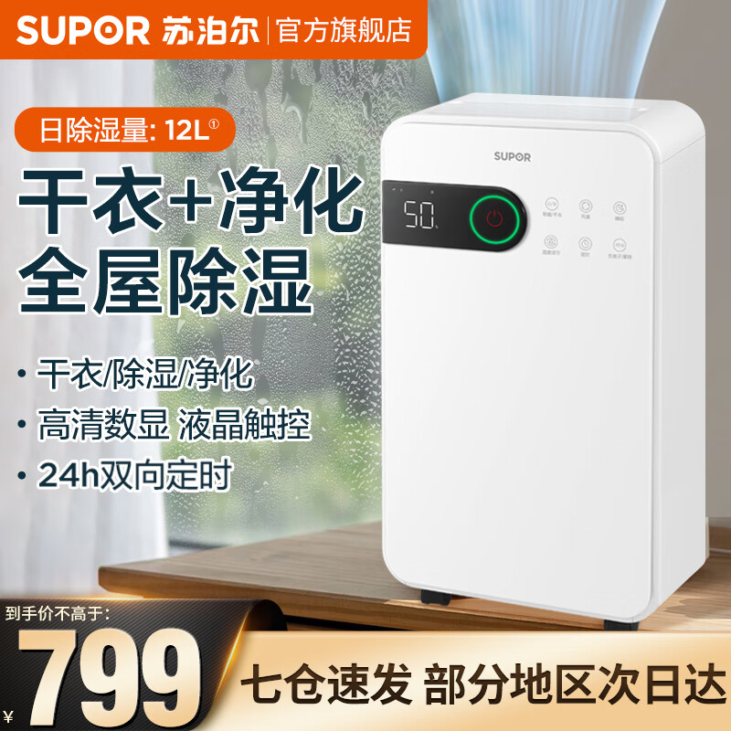 苏泊尔 (SUPOR )除湿机 家用 抽湿机智能除湿器 室内家庭卧室地下室干燥机 白色