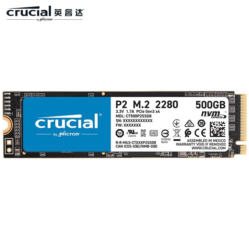 英睿达(Crucial) 固态硬盘SSD M.2接口 NVMe协议 台式机笔记本SSD固态硬盘M2 P2系列 500G NVMe协议/五年质保