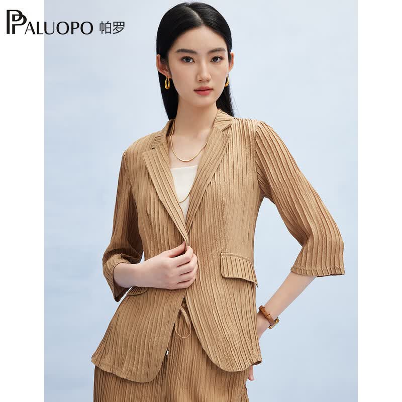 帕罗（PALUOPO）桑蚕丝职业西装夏季新款七分袖上衣百搭通勤透气修身外套女小西服 卡其 S (155/80A)
