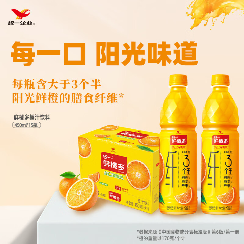 统一 鲜橙多 450ml*15瓶 整箱装 橙汁饮料（新老包装随机发货）