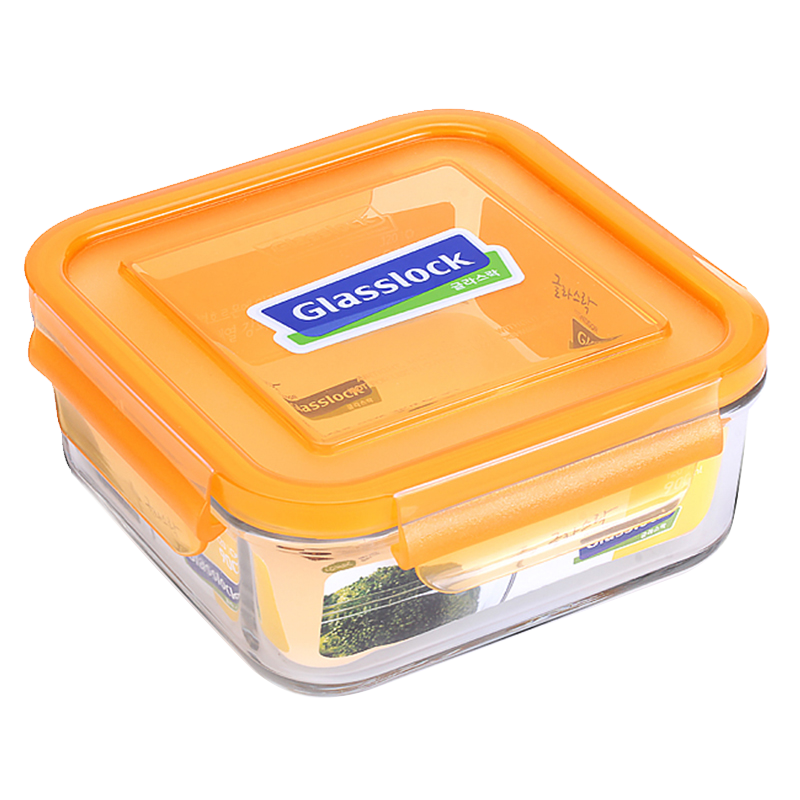 Glasslock韩国进口耐热钢化玻璃饭盒冰箱冷冻微波炉大容量保鲜盒 长方橙色400ml