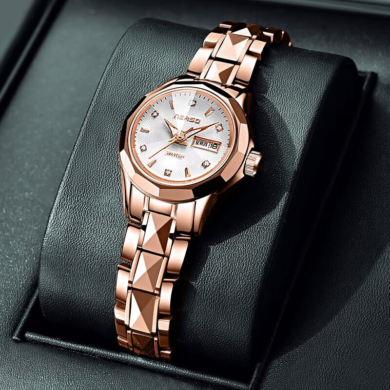 NERSD手表女士新品韩版钢带时尚全自动夜光双日历刻字防水石英机械表 3073玫瑰金玫面