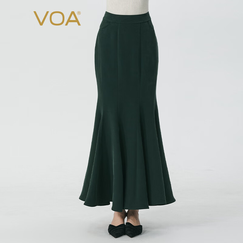 VOA深松绿45姆米重磅厚真丝自然腰挖袋显瘦鱼尾桑蚕丝半身裙 CE189 巴洛祖母绿（G52） 160/M