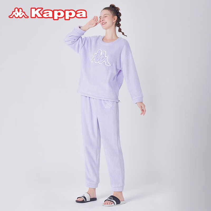 KAPPA卡帕睡衣女家居服外出秋冬新款时尚套头法兰绒保暖厚款套装 浅紫 L 建议(105-120斤)