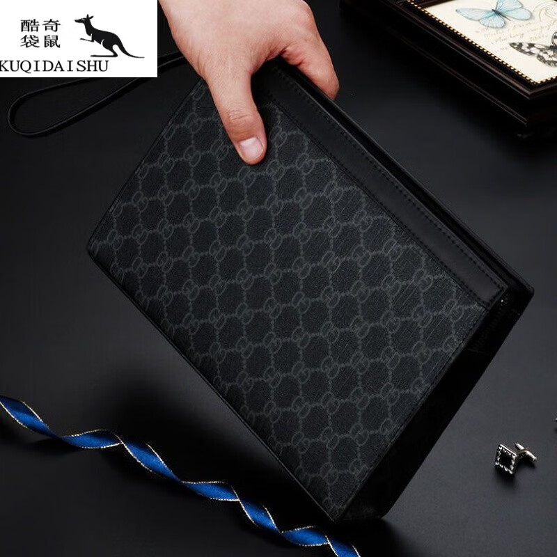 kuqidaishu袋鼠轻奢潮牌包包酷奇袋鼠新款手拿包男复古多卡位男 黑色