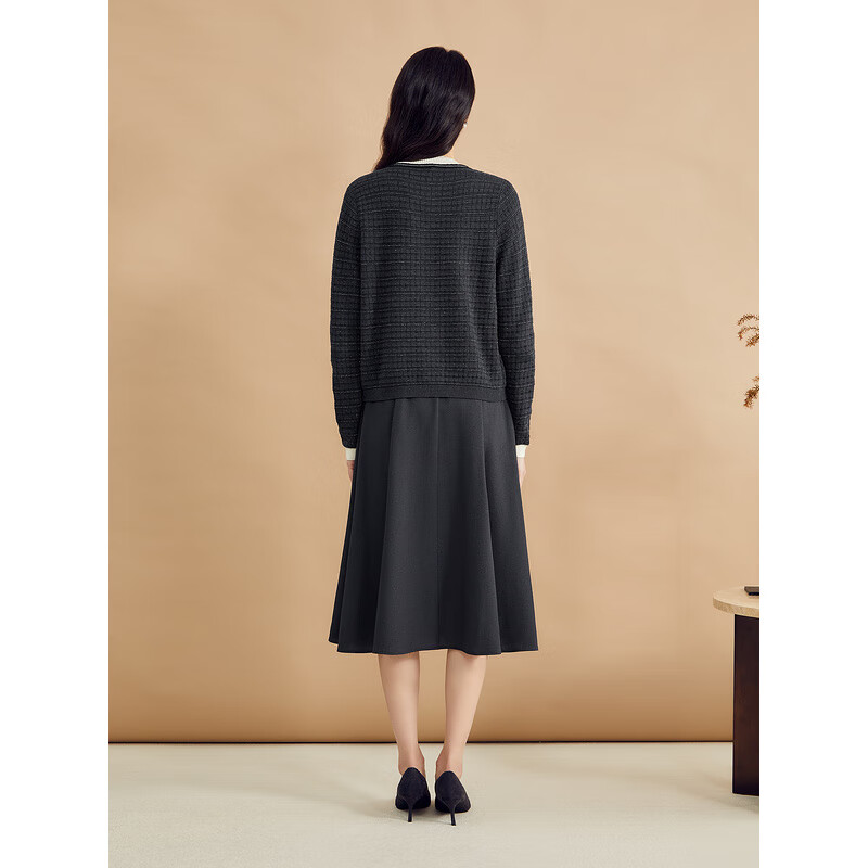 YINER音儿专选秋季女装羊毛混纺优雅撞色亮丝小香风针织开衫 烟灰 XL 42