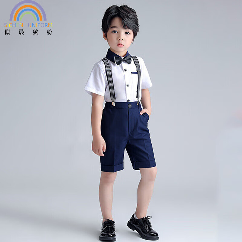 似晨缤纷儿童礼服节日演出服男童西装主持夏短袖衬衫套装 白衬蓝裤 120使用感如何?