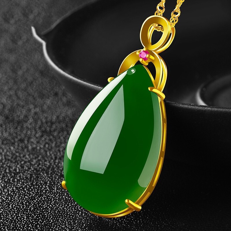 合峰a玉  新品 和田玉18k金镶嵌碧玉女士水滴玉石挂件 附带鉴定证书