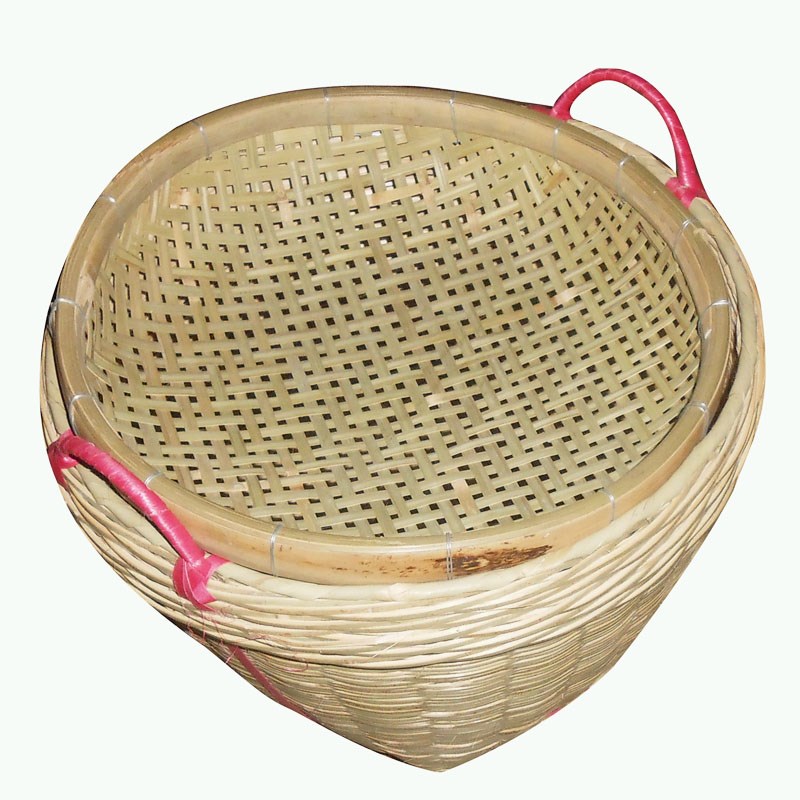竹编箩筐竹篓收纳竹筐淘米筐 粮食筐细果篮带盖圆形藤编 两耳小号双箩