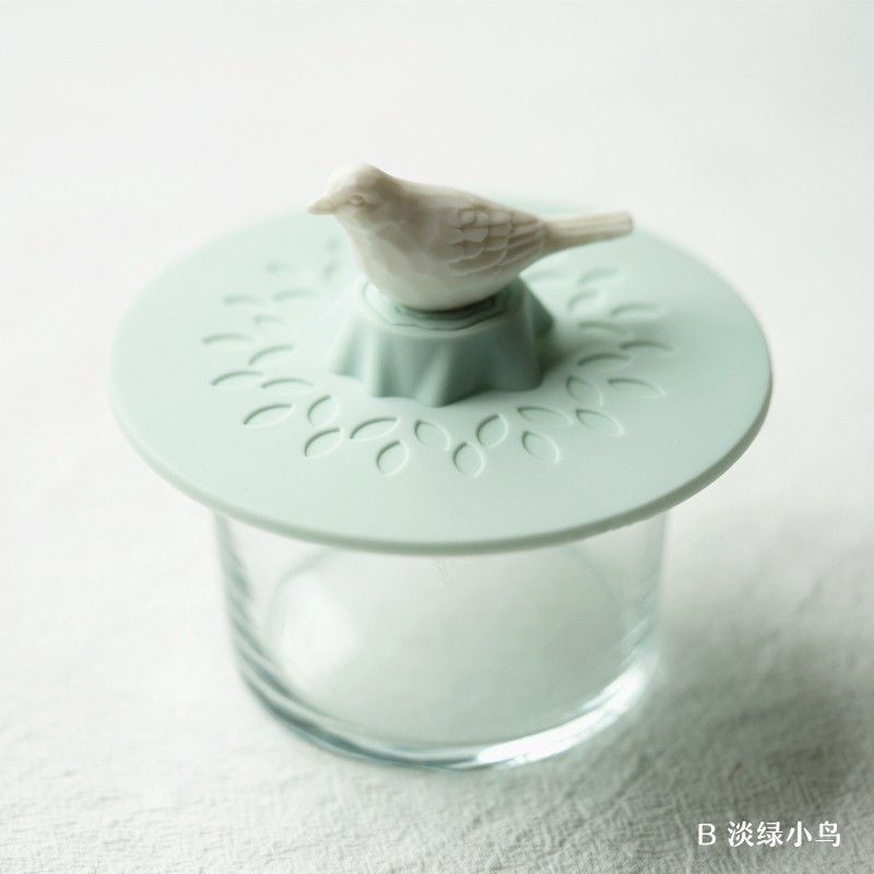 食品级硅胶杯盖通用圆形陶瓷玻璃茶水杯配件防尘创意马克杯子盖子 马卡龙绿小鸟