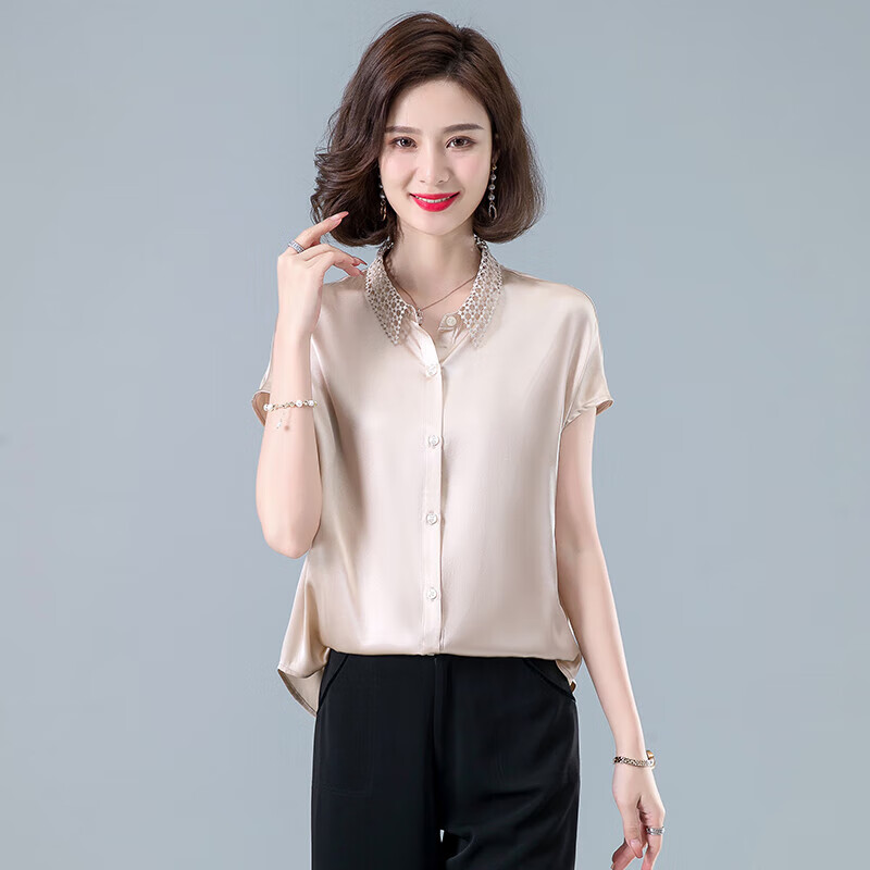 达圣派中年妇女夏季上衣50岁女人穿的夏季衣服妈妈夏款气质衬衫 杏色