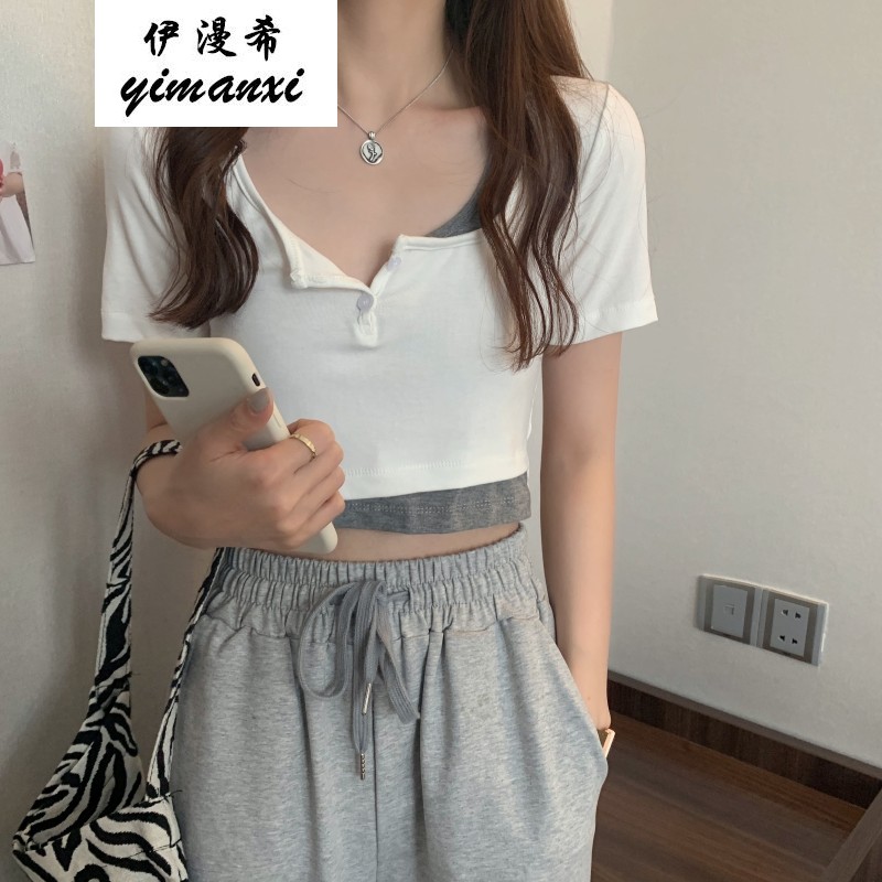 伊漫希假两件短袖t恤女新款显瘦小心机方领短款t恤穿搭衣服炸街少女生