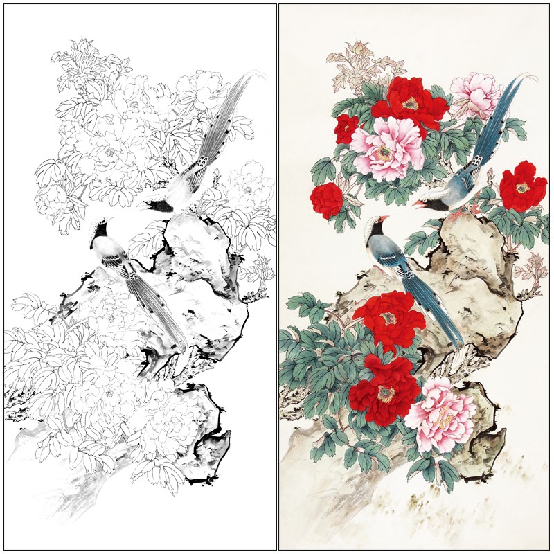 桔舍陈军工笔画白描底稿牡丹四尺原作大小66×132厘米花鸟线稿带a3