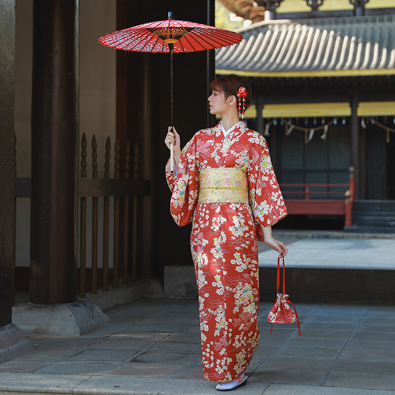 edun日式和服女正装日本传统服装新款 月下夏季复古红色可爱少日系 不