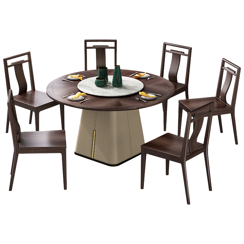 景腾 餐桌 新中式实木餐桌椅组合1.3米金丝檀木圆形餐台1.5米吃饭桌子餐厅家具 一桌六椅 1.5米餐桌