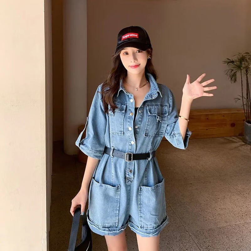 区森矮个子穿搭夏装显瘦遮肚子套装牛仔连体短裤牛仔连体短裤女夏季20