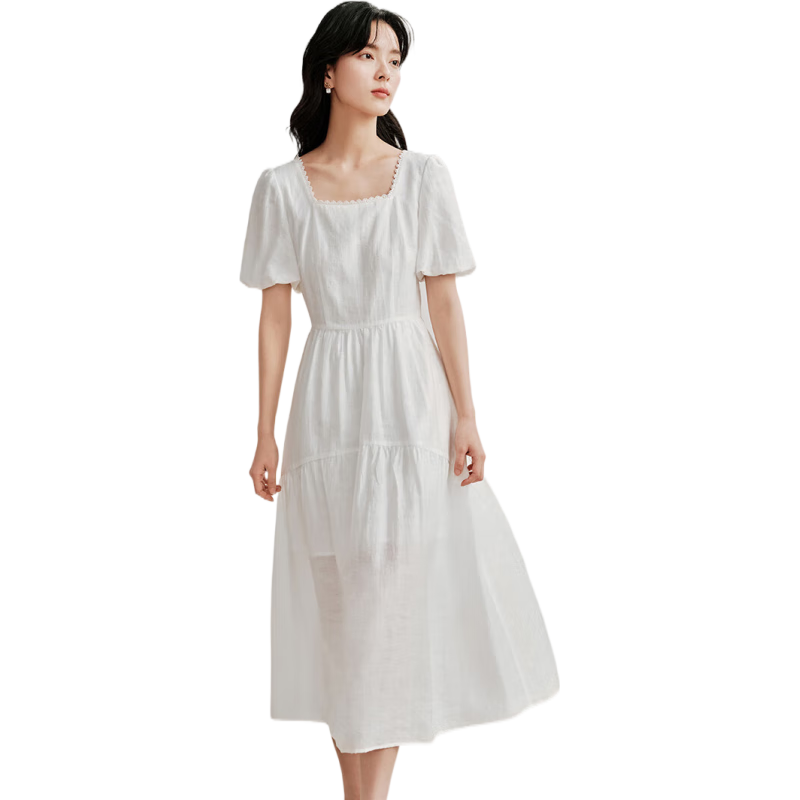 茵曼（INMAN）萊賽爾連衣裙2025夏季女裝新款蝴蝶結(jié)綁帶鏤空方領(lǐng)純色長裙 白色 S