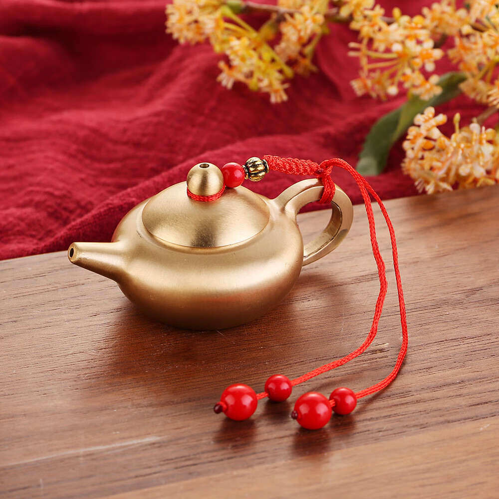 趣佳阁趣佳阁黄铜红绳把把壶小茶壶功夫茶具手把件迷你创意中式摆件