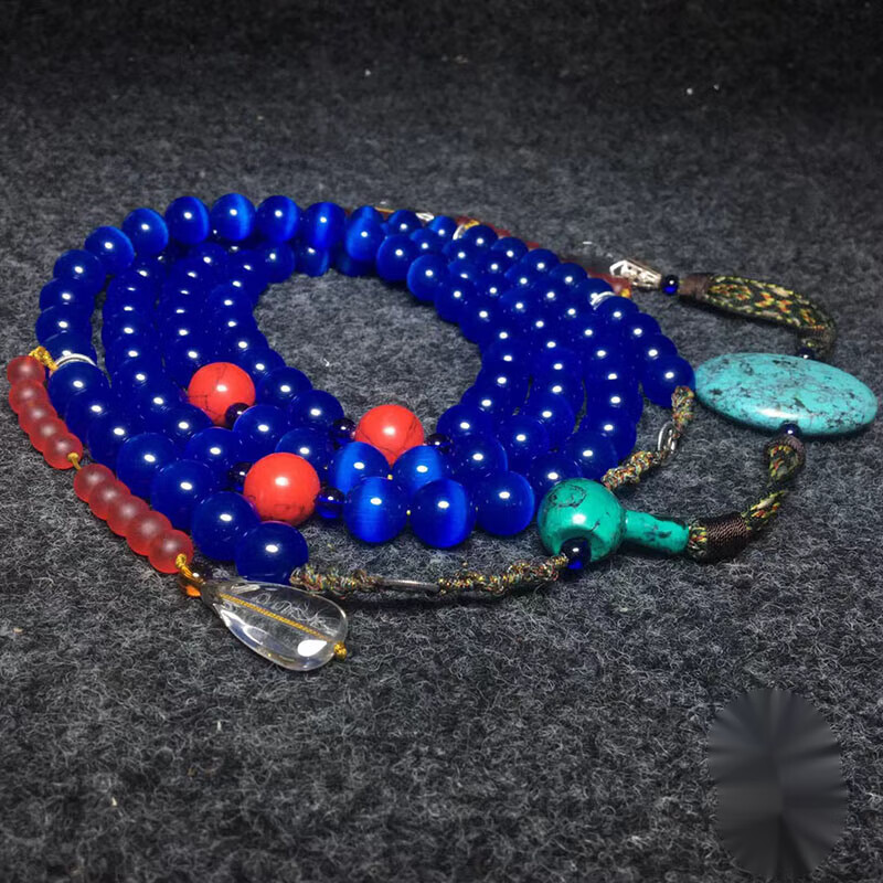 瑾然  古玩宫廷深蓝猫眼石朝珠清代东珠佛珠 108多宝项链民俗老物件