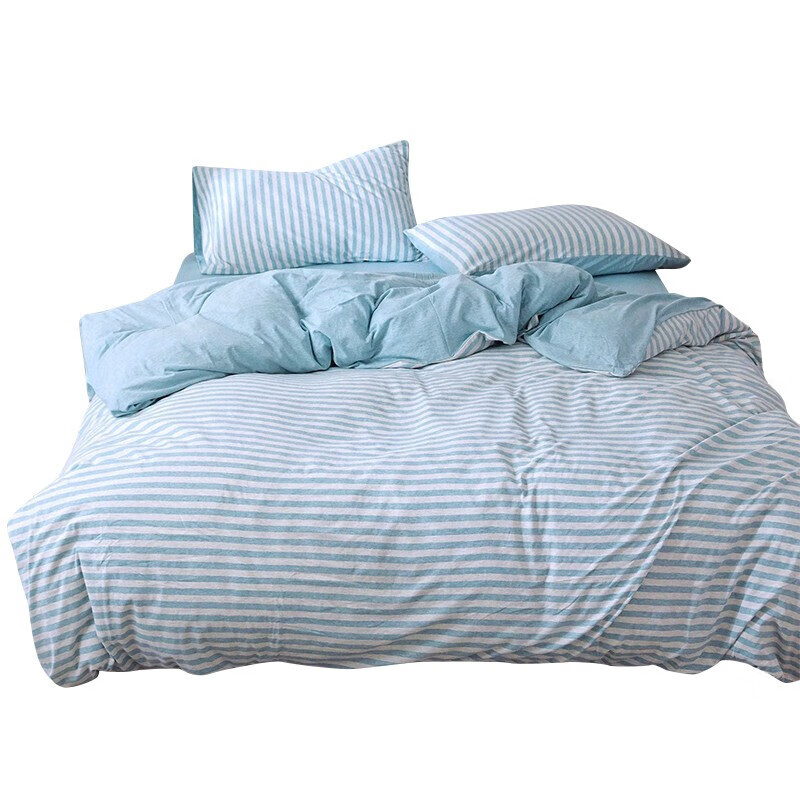三极户外（Tri-polar）TP2957 日式天竺棉四件套床罩被罩枕套针织棉简约床上用品 床笠款 1.5米床 水蓝中条
