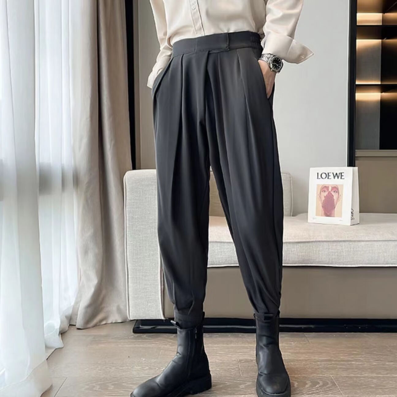 搭配马丁靴的春秋男束脚痞帅工装裤魔术贴束脚裤男秋冬季配马丁靴