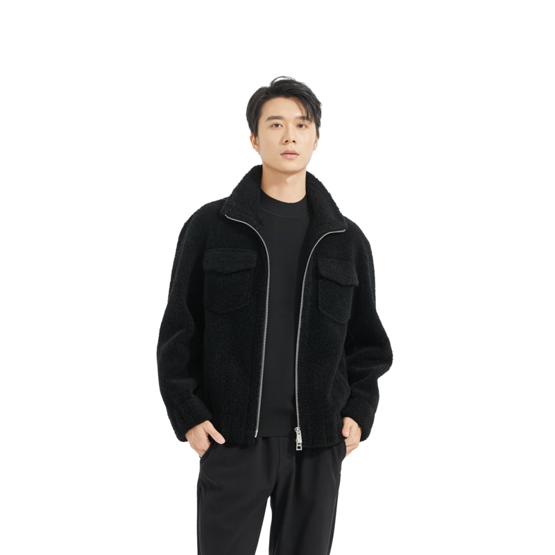 利郎官方皮草男羊毛簇絨大衣外套休閑男士外套 黑色（24DZP6012Y） XL 180/96A