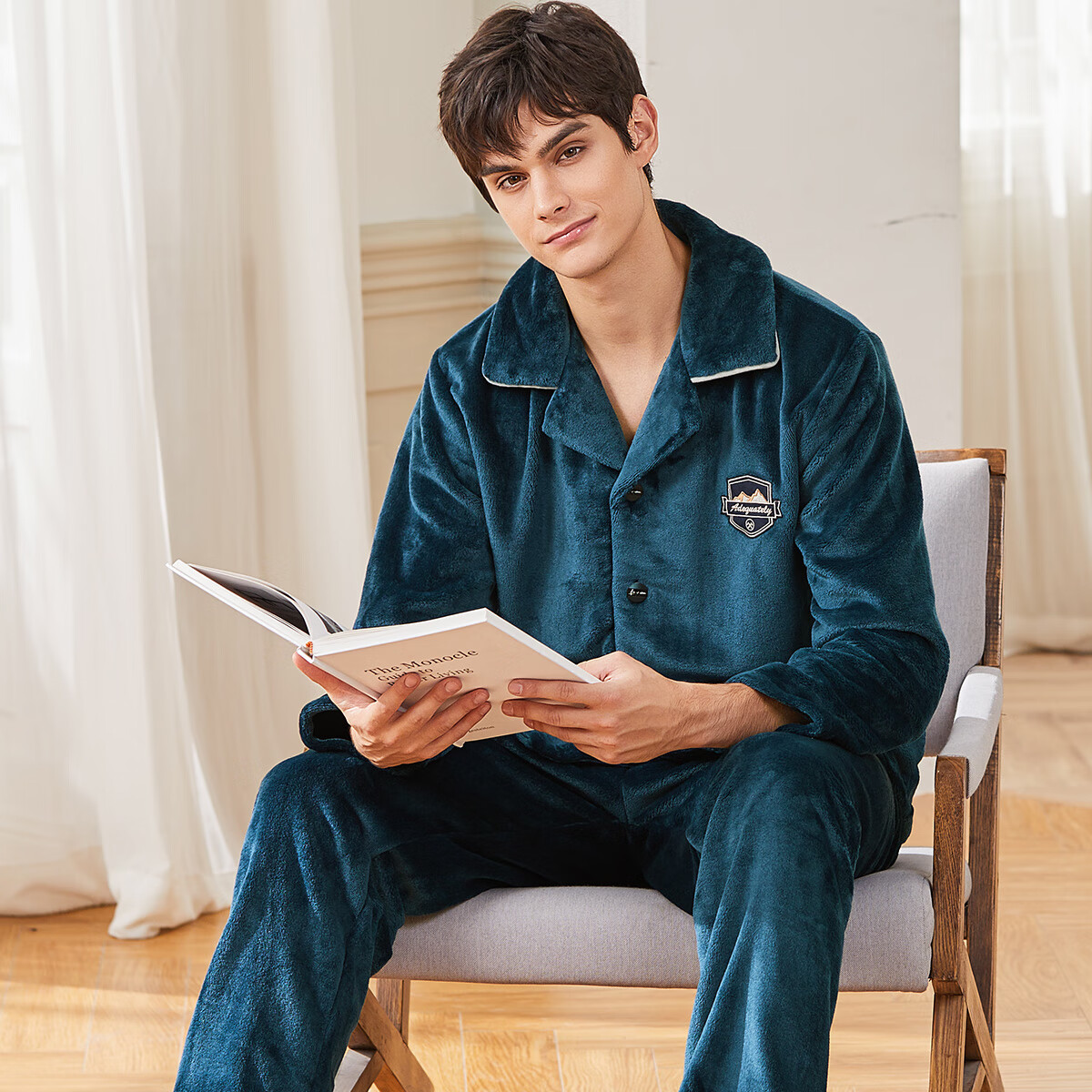 玛伦萨男士秋冬加绒睡衣套装简约时尚可外穿翻领家居服 墨绿 L