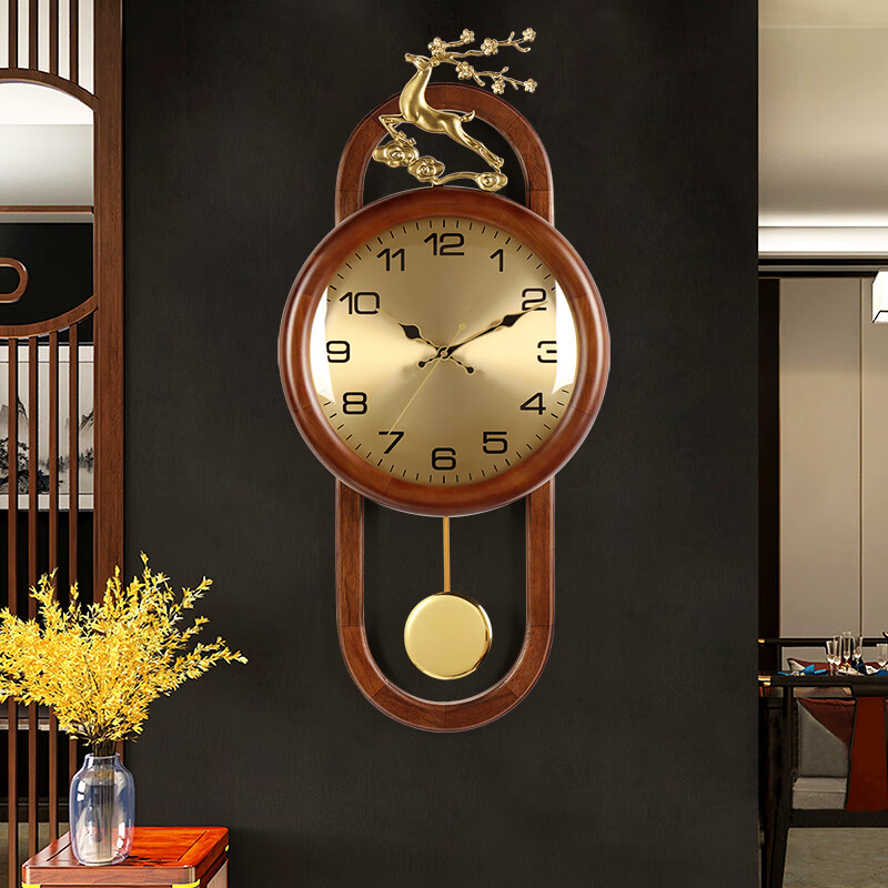 汉时（Hense）实木挂钟创意客厅摆钟挂墙挂表家用时钟个性艺术石英钟表65cmHP11