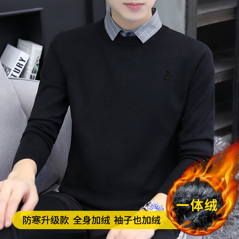凯逸弗（kainifu）秋冬季新款假两件毛衣男士长袖加绒加厚衬衫一体绒针织衫 黑色 M