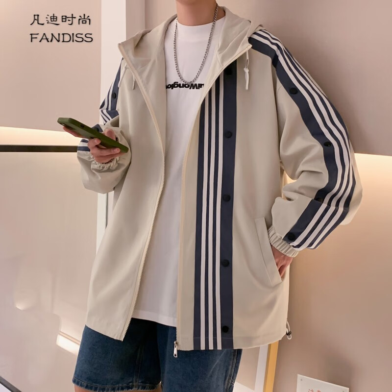 凡迪时尚条纹排扣夹克男春秋港风潮流宽松大码青少年港风百搭上衣连帽