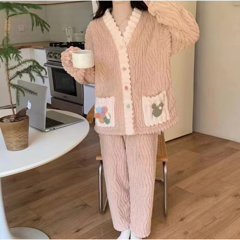 诗莉奥(SHILIAO)暖暖睡衣套装卡通小狗提花舒棉绒秋冬季加绒加厚保暖 小花开衫粉色 均码(80-140斤)
