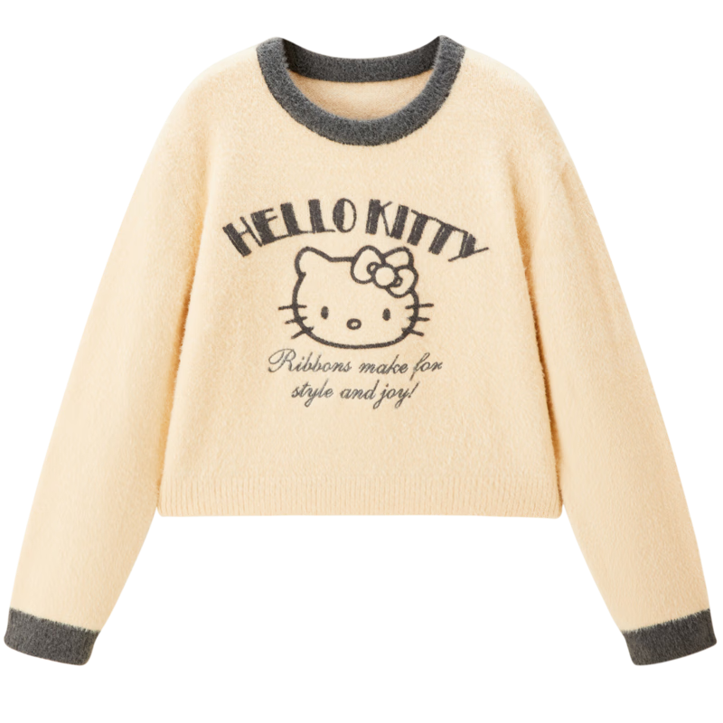 樂町【Hello Kitty系列】商場同款撞色圓領(lǐng)線套衫毛衣C2EEE4520 香草奶黃 XL