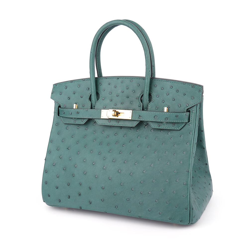 鸵鸟皮女包真皮大容量2024新款奢侈高档铂金包女士时尚百搭手提包 墨