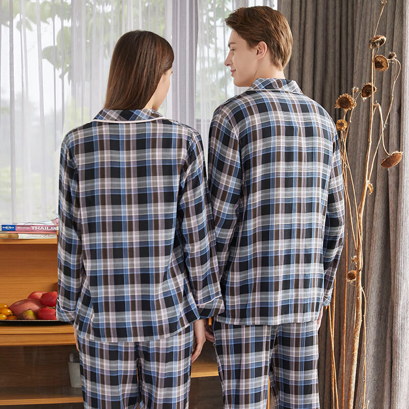 绮瑞家居服新款春秋长袖梭织棉套装春季格子纯棉睡衣女居家服 灰蓝-男款 XXXL