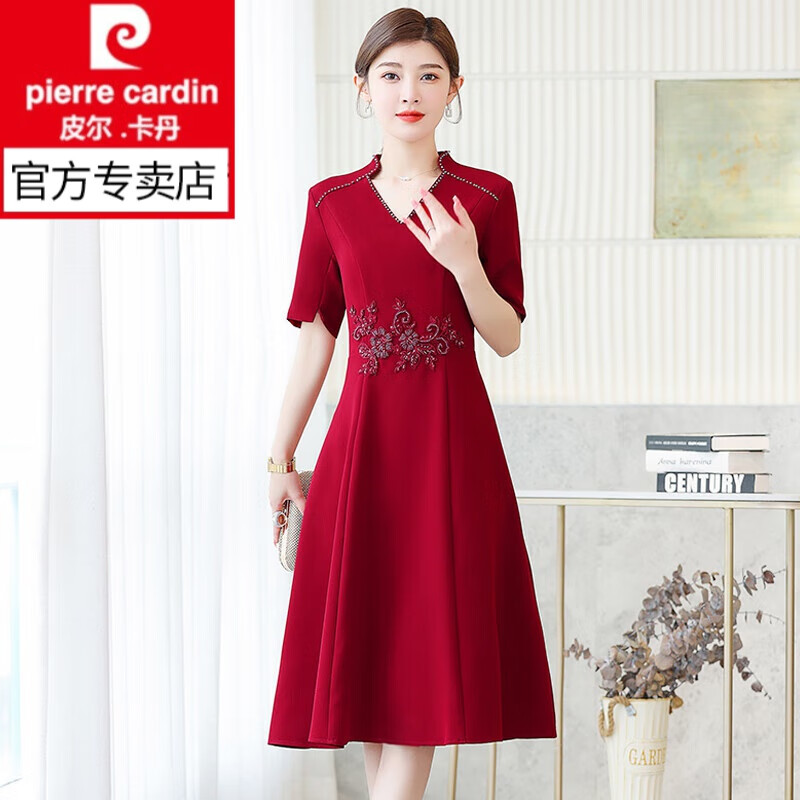 皮尔卡丹(pierre cardin)喜婆婆婚宴装夏季酒红色连衣裙妈妈参加婚礼