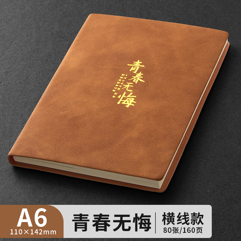 肤感烫金皮面笔记本子羊巴皮记事本软皮商务办公会议记录本皮面本b5加厚工作笔记本复古皮面简约随身日记本 【A6/80张】1本装/青春无悔