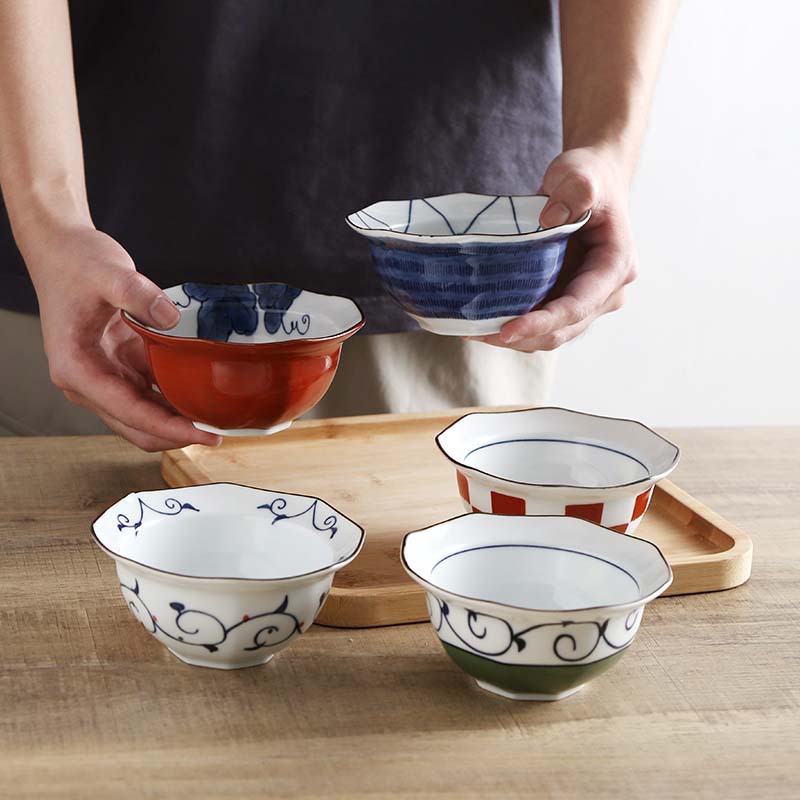 乙御前 日本进口陶瓷彩绘变八角碗日式家用汤碗钵小碗五件套礼盒套装送礼@ 彩绘变八角碗五件套装 5件
