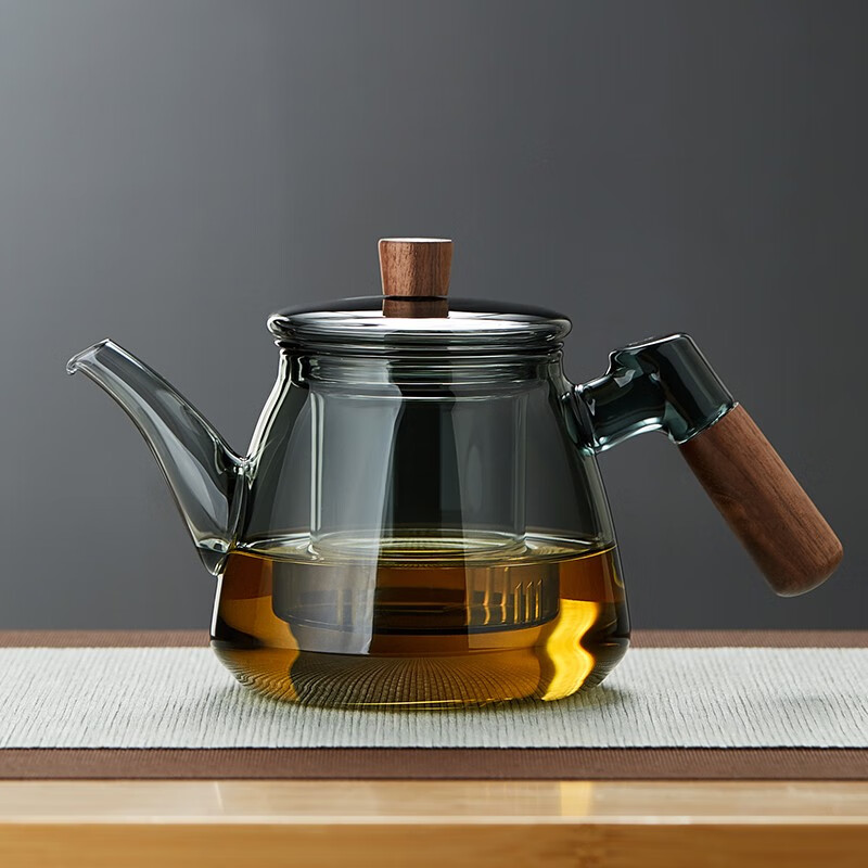 美斯尼 茶壶玻璃泡茶壶 加厚耐热烟灰色玻璃泡茶器木柄功夫茶具 墨色木柄壶