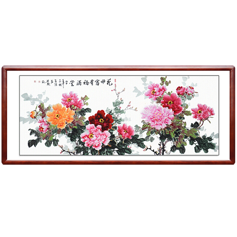 翰澎手绘牡丹画花开富贵国画客厅装饰画新中式字画中堂挂画背景墙壁画 花开富贵A 100*260CM【实木镜框】