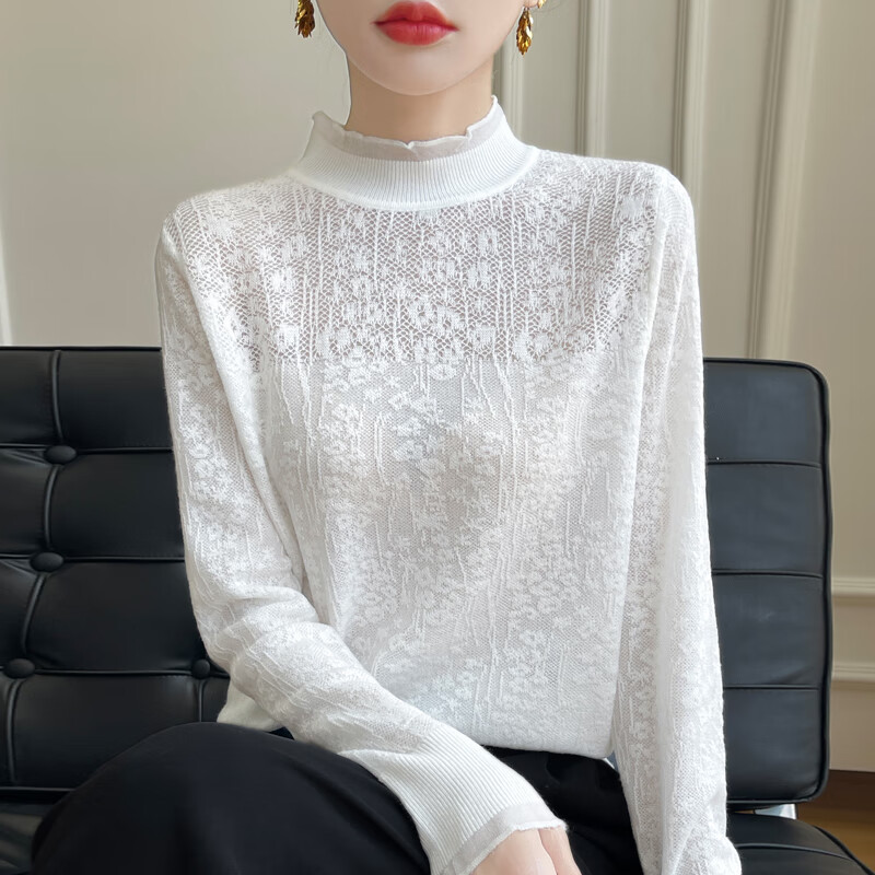 香影纯蕾丝打底衫女2025春秋新款半高领针织衫女洋气上衣女装秋冬毛衣女 米色 M (建议95-105斤)