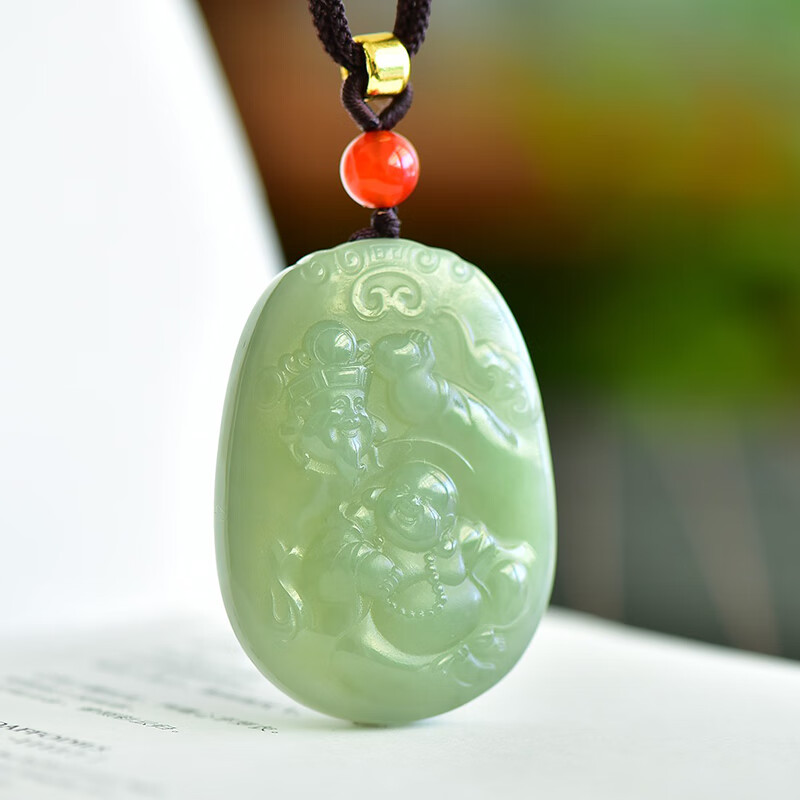 赵禄新疆和田玉青海料人财两旺吊坠男款玉牌双面雕刻挂件玉佩生日礼物