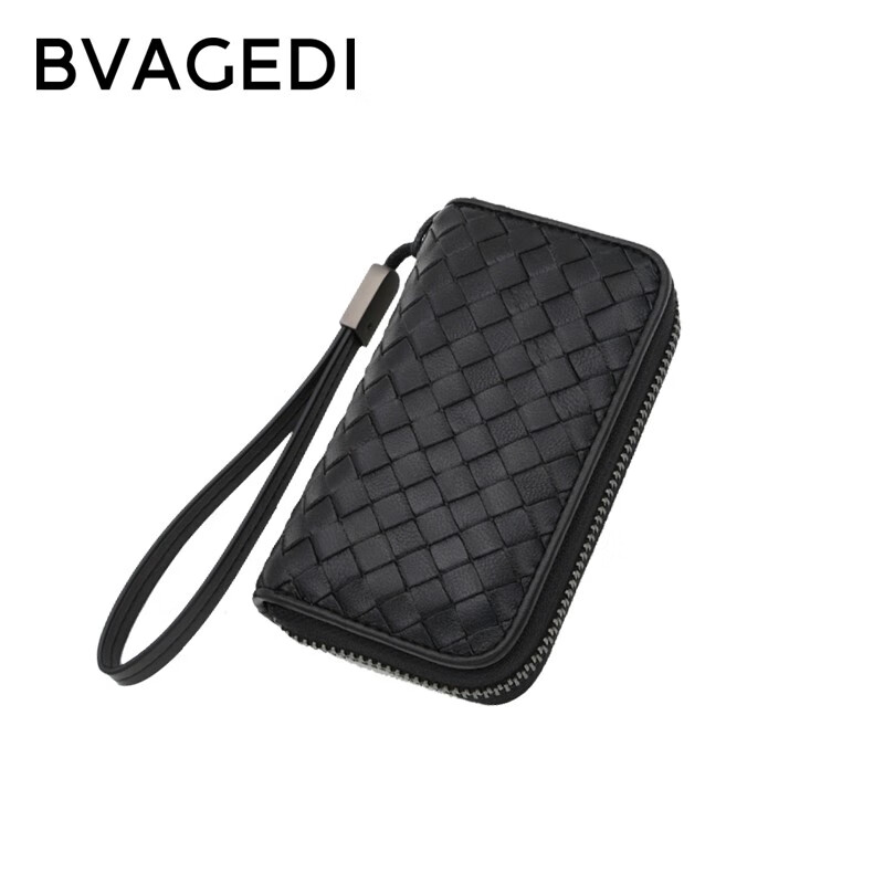 bvagedi羊皮钥匙包男士商务通勤个性编织大容量多功能手拿包 黑色