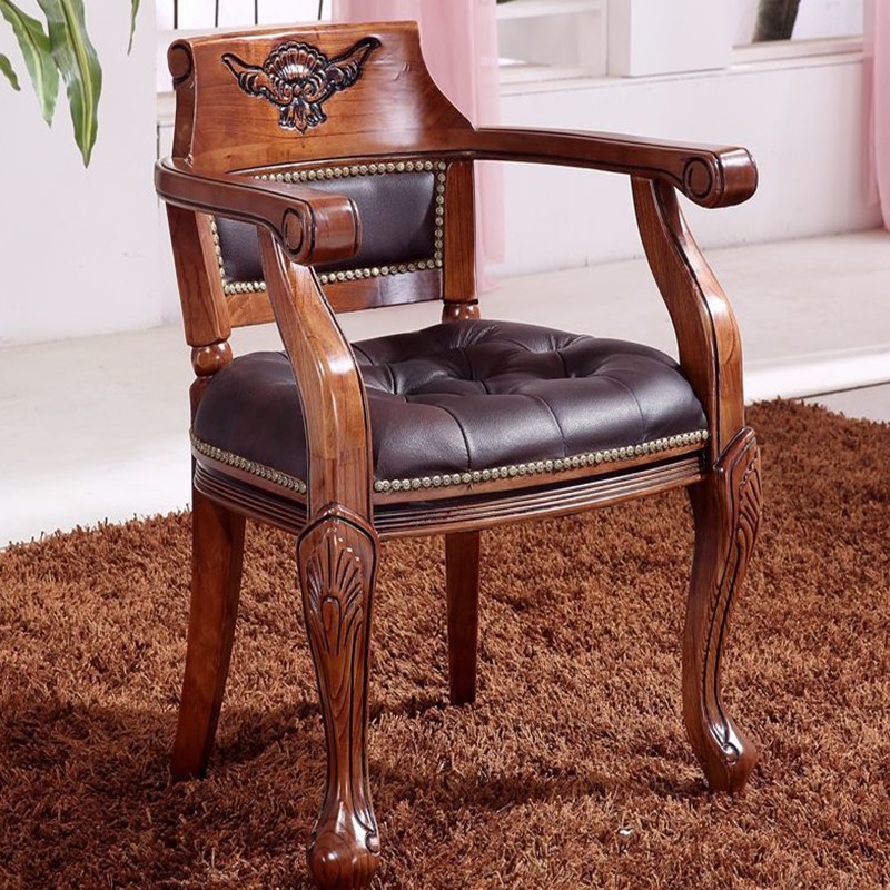 艾米河欧式全实木扶手椅美式真皮椅麻将椅围椅棋牌椅子单人老虎椅书桌椅 复古欧式实木真皮椅