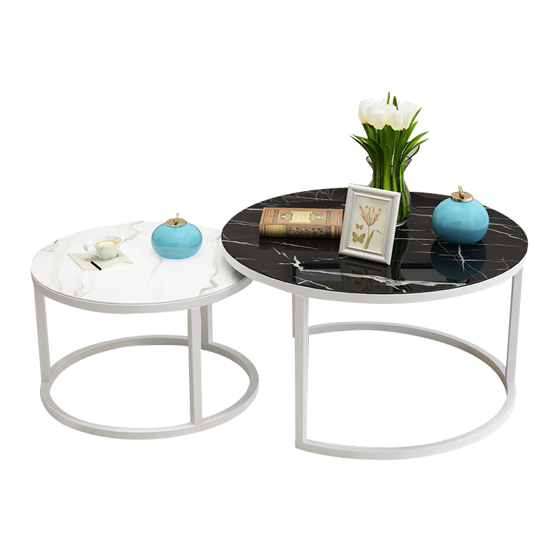 雅美乐 圆形茶几 钢化玻璃仿大理石面茶桌 简约北欧小户型客厅小茶几桌 黑色钢架 YCJS92