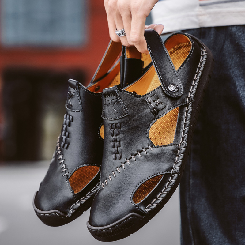 新款凉鞋男士夏季镂空大码手工缝线商务真皮沙滩软底凉鞋 黑色 38