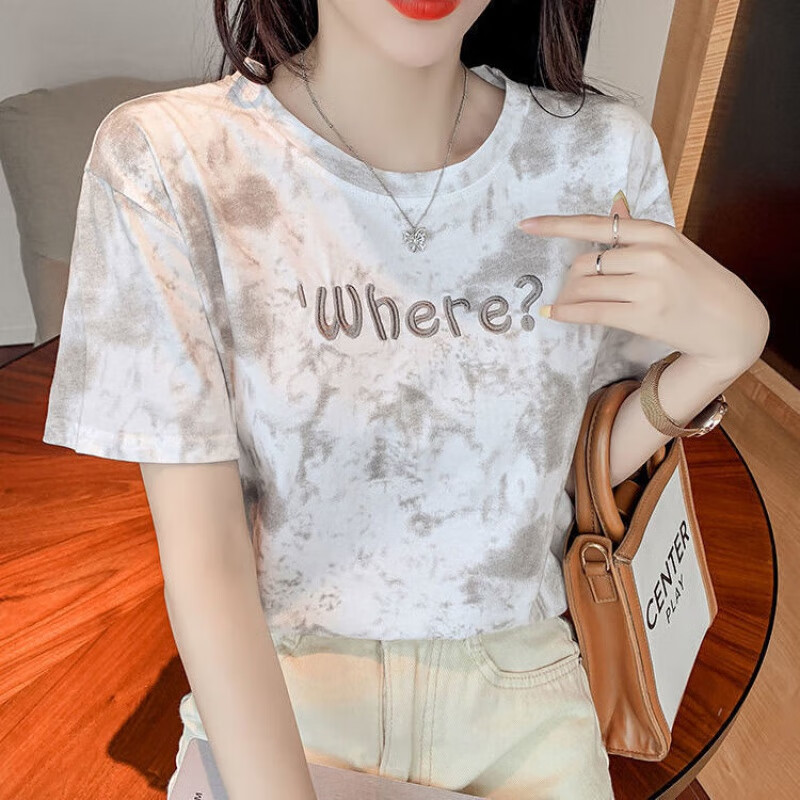 2024刺绣ins潮半袖设计感小众上衣服宽松 灰色 m 【建议80-的小仙女】