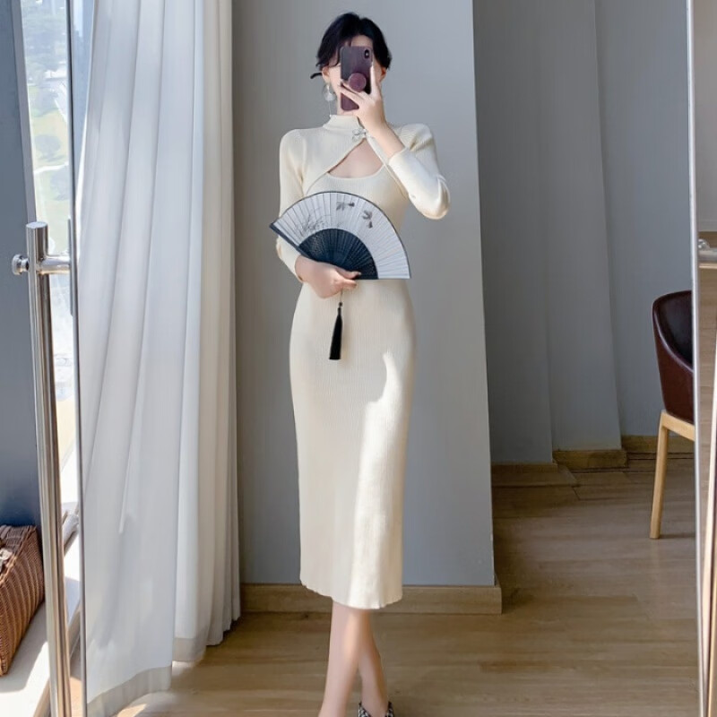 雷黛茜新款小妈感新中式改良旗袍长袖修身连衣裙女装秋冬季包臀螺纹长裙 杏色柔软版 L 建议100-120斤