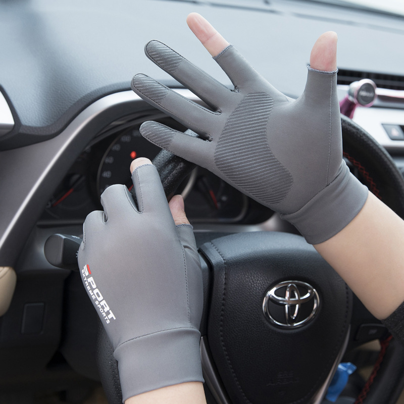 万宏达夏季薄款冰丝手套男半指开车防晒女防滑骑行送外卖运动防晒手套 SP二指款-灰色 均码