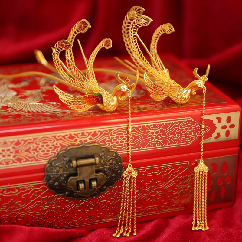小腰金999黄金风簪足金凤钗中式新娘头饰发冠结婚首饰凤凰发簪发饰