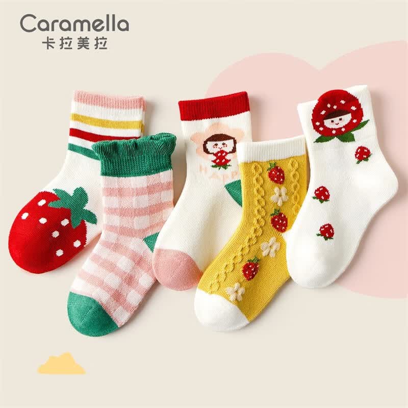 卡拉美拉（Caramella）儿童袜子男童纯棉春秋中筒婴儿卡通宝宝秋季新款长筒袜 草莓小妹儿童中筒五双装 M码16-18cm（建议4-6岁）使用感如何?